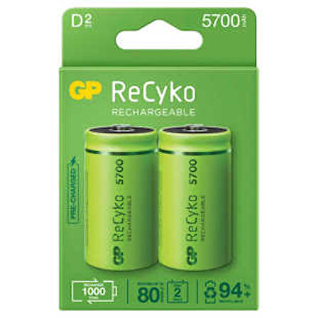 GP Batteries ReCyko 5700 D Boy Ni-Mh Şarjlı Pil, 1.2 Volt, 2'li Kart