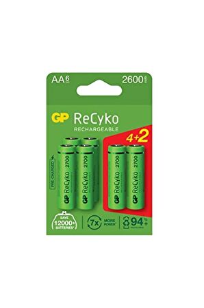 GP Recyko+ 2700 Aa Kalem Ni-mh Şarjlı Pil, 1.2 Volt, 6'lı Kart