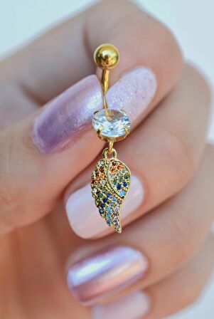 Multicolor Çok Renkli Melek Kanadı Sallantılı Çelik Göbek Piercingi Gold Renk