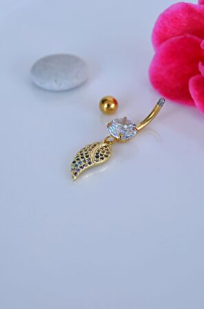 Multicolor Çok Renkli Melek Kanadı Sallantılı Çelik Göbek Piercingi Gold Renk