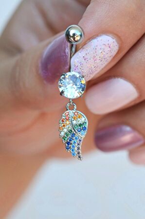 Multicolor Çok Renkli Melek Kanadı Sallantılı Çelik Göbek Piercingi Gümüş Renk
