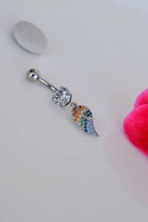 Multicolor Çok Renkli Melek Kanadı Sallantılı Çelik Göbek Piercingi Gümüş Renk