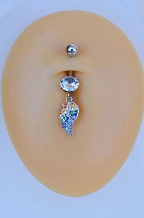 Multicolor Çok Renkli Melek Kanadı Sallantılı Çelik Göbek Piercingi Gümüş Renk
