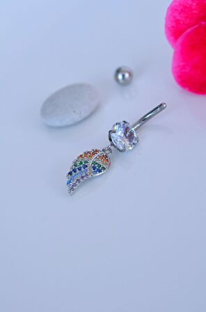 Multicolor Çok Renkli Melek Kanadı Sallantılı Çelik Göbek Piercingi Gümüş Renk