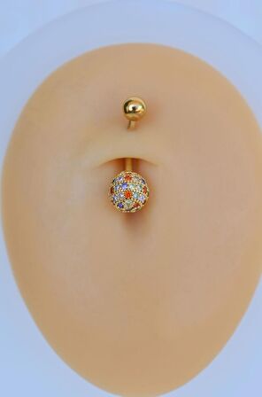 Multicolor Çok Renkli Taşlı Toplu Çelik Göbek Piercingi Gold Renk