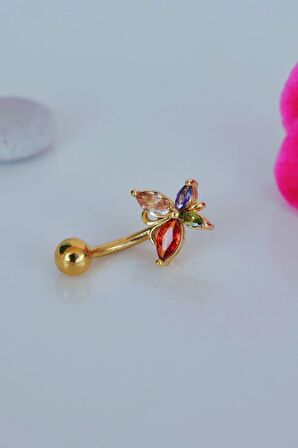 Multicolor Çok Renkli Kelebekli Çelik Göbek Piercingi Gold Renk