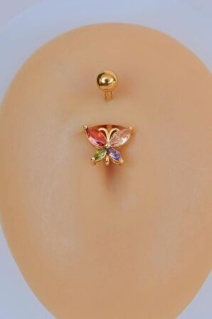 Multicolor Çok Renkli Kelebekli Çelik Göbek Piercingi Gold Renk