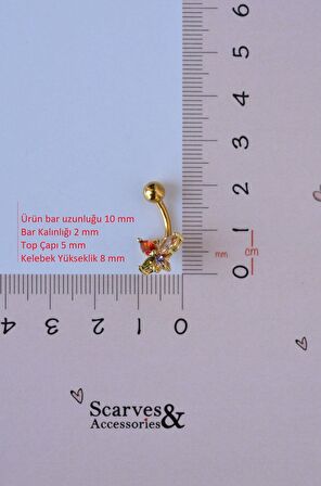 Multicolor Çok Renkli Kelebekli Çelik Göbek Piercingi Gold Renk