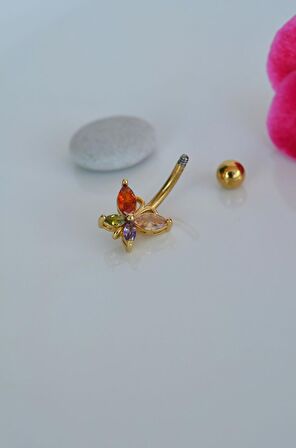Multicolor Çok Renkli Kelebekli Çelik Göbek Piercingi Gold Renk