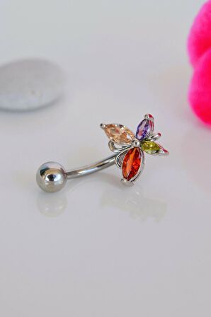Multicolor Çok Renkli Kelebekli Çelik Göbek Piercingi Gümüş Renk