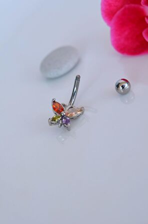 Multicolor Çok Renkli Kelebekli Çelik Göbek Piercingi Gümüş Renk