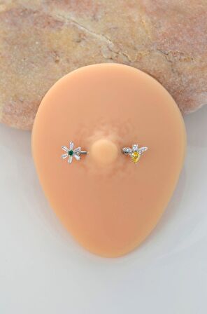 Çiçek ve Arı Figürlü Nipple Piercingi Çiçekli Meme Ucu Piercingi
