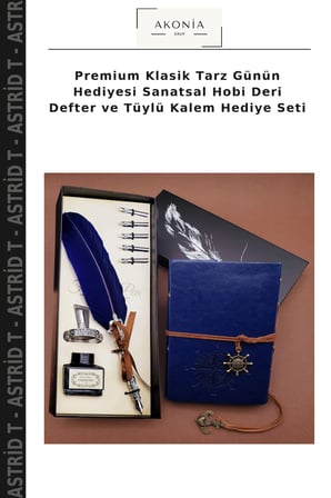 Premium Klasik Tarz Günün Hediyesi Sanatsal Hobi Deri Defter ve Tüylü Kalem Hediye Seti
