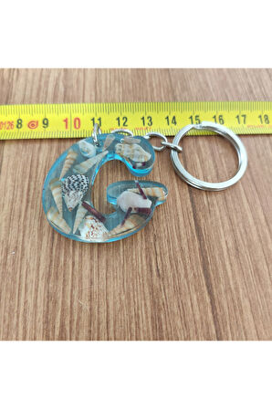 "G" HARFİ - Açık Mavi Deniz Epoksi Harf Anahtarlık – Gerçek Deniz Kabuğu, El Yapımı, Benzersiz