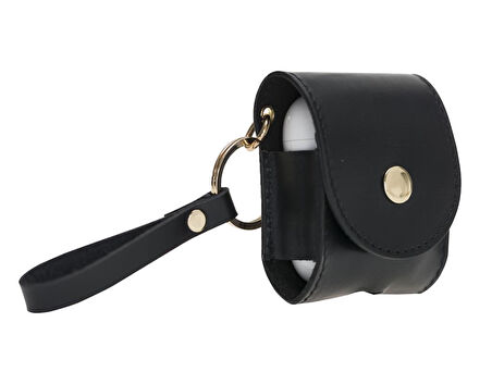 Apple AirPods 2.nesil Uyumlu Deri Kılıf Mai Snap Parlak Siyah