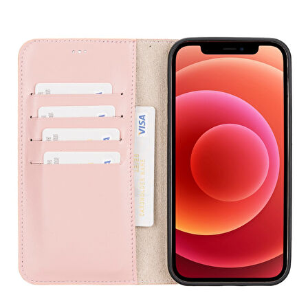 Apple iPhone 12 Pro Max Uyumlu Deri Cüzdanlı Kılıf NU2 Pembe