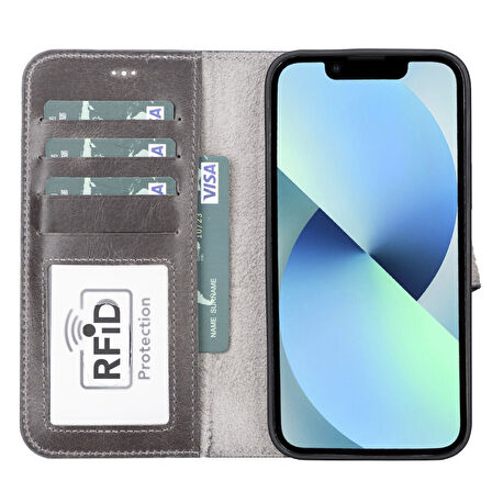 Apple iPhone 13 Pro Max Uyumlu Deri Cüzdanlı Kılıf MWWN TN1 Gri