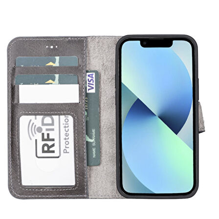 Apple iPhone 13 Mini Uyumlu Deri Cüzdanlı Kılıf MWWN TN1 Gri