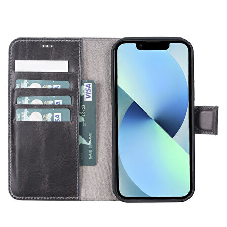 Apple iPhone 12 Pro Uyumlu Deri Cüzdanlı Kılıf VS4EF Gri