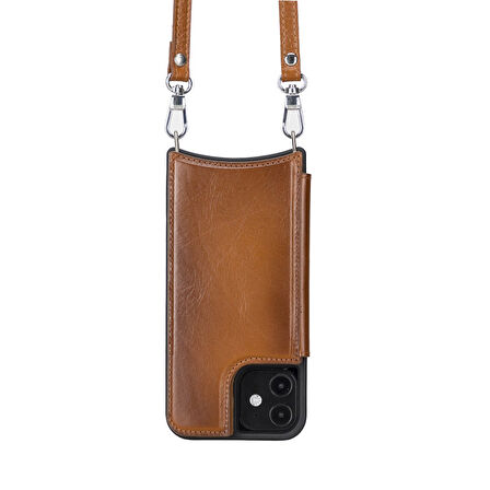 Apple iPhone 12 Pro Uyumlu Deri Askılı Kılıf UFW RST2EF Taba