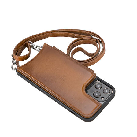 Apple iPhone 12 Pro Max Uyumlu Deri Askılı Kılıf UFW RST2EF Taba