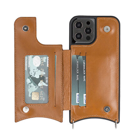 Apple iPhone 12 Pro Max Uyumlu Deri Askılı Kılıf UFW RST2EF Taba