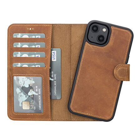 Apple iPhone 14 Uyumlu Deri Cüzdanlı Kılıf MWWN G19 Taba