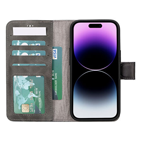 Apple iPhone 15 Uyumlu Deri Cüzdanlı Kılıf MWWN VS4EF Gri