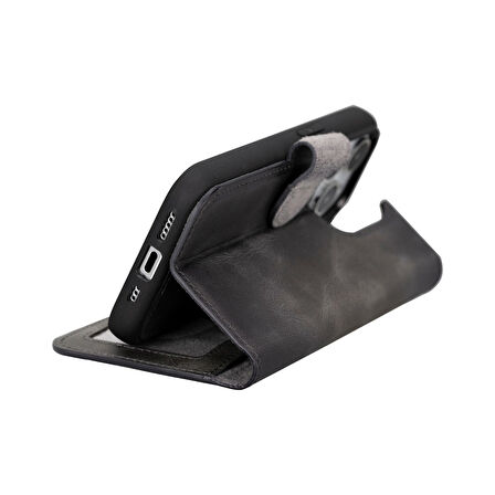 Apple iPhone 15 Uyumlu Deri Cüzdanlı Kılıf MWWN VS4EF Gri