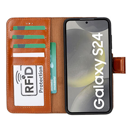 Samsung Galaxy S24 Uyumlu, Deri Cüzdanlı Kılıf, Efektli Taba