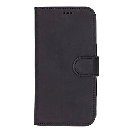 Apple iPhone 16 Pro uyumlu, Hakiki Deri, El Yapımı, Cüzdanlı Kılıf, Mat Siyah