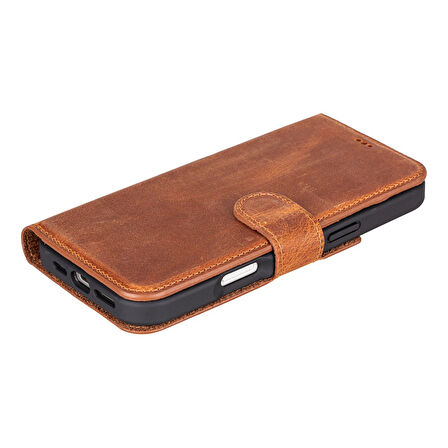 Apple iPhone 16 Pro Max uyumlu, Hakiki Deri, El Yapımı, Cüzdanlı Kılıf, Karamel