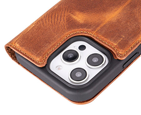 Apple iPhone 16 Pro Max uyumlu, Hakiki Deri, El Yapımı, Cüzdanlı Kılıf, Karamel