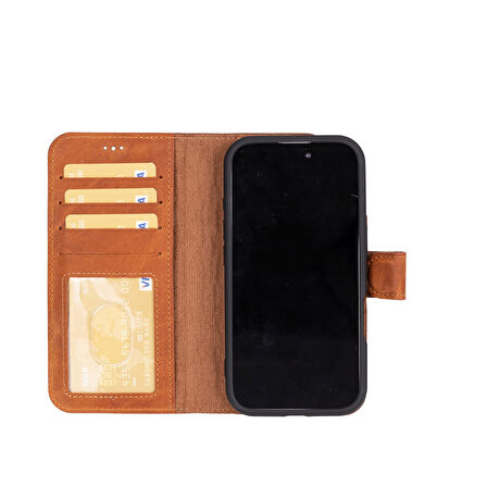 Apple iPhone 16 uyumlu, Hakiki Deri, El Yapımı, Cüzdanlı Kılıf, Karamel