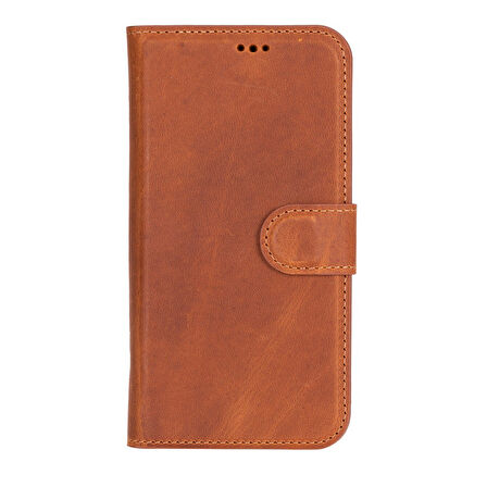 Apple iPhone 16 uyumlu, Hakiki Deri, El Yapımı, Cüzdanlı Kılıf, Karamel