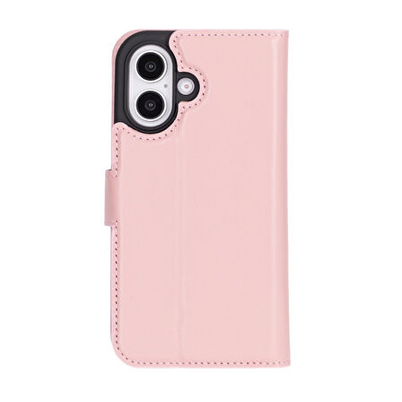 Apple iPhone 16 Plus uyumlu, Hakiki Deri, El Yapımı, Cüzdanlı Kılıf, Toz Pembe