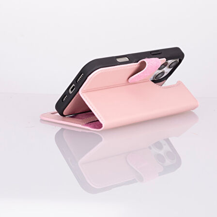 Apple iPhone 16 Pro uyumlu, Hakiki Deri, El Yapımı, Cüzdanlı Kılıf, Toz Pembe