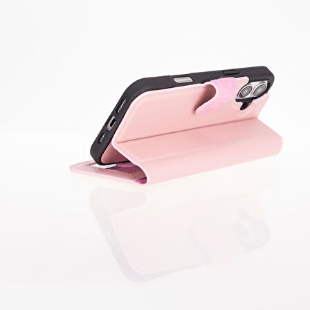 Apple iPhone 16 uyumlu, Hakiki Deri, El Yapımı, Cüzdanlı Kılıf, Toz Pembe