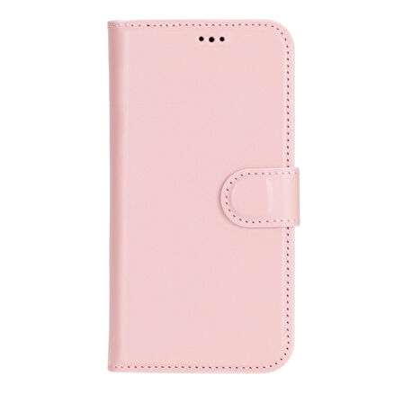 Apple iPhone 16 uyumlu, Hakiki Deri, El Yapımı, Cüzdanlı Kılıf, Toz Pembe