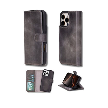 Apple iPhone 16 Pro uyumlu, Hakiki Deri, El Yapımı, Cüzdanlı Kılıf, Gölgeli Gri