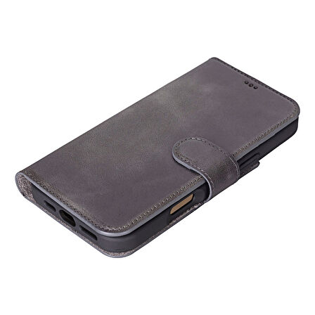 Apple iPhone 16 Pro uyumlu, Hakiki Deri, El Yapımı, Cüzdanlı Kılıf, Gölgeli Gri