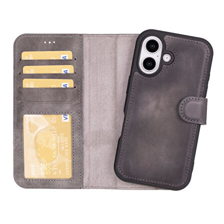Apple iPhone 16 uyumlu, Hakiki Deri, El Yapımı, Cüzdanlı Kılıf, Gölgeli Gri