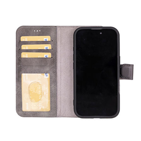 Apple iPhone 16 uyumlu, Hakiki Deri, El Yapımı, Cüzdanlı Kılıf, Gölgeli Gri