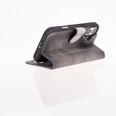 Apple iPhone 16 uyumlu, Hakiki Deri, El Yapımı, Cüzdanlı Kılıf, Gölgeli Gri