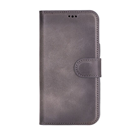 Apple iPhone 16 uyumlu, Hakiki Deri, El Yapımı, Cüzdanlı Kılıf, Gölgeli Gri