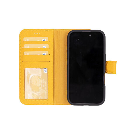Apple iPhone 16 Plus uyumlu, Hakiki Deri, El Yapımı, Cüzdanlı Kılıf, Limon Sarı