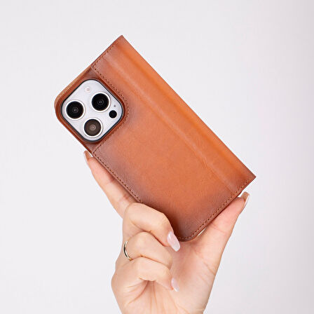 Apple iPhone 16 Pro uyumlu, Hakiki Deri, El Yapımı, Cüzdanlı Kılıf, Gölgeli Taba