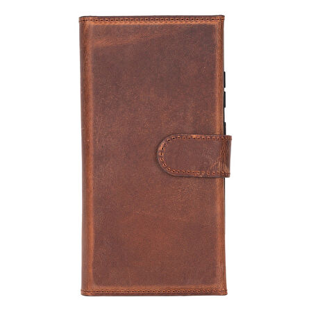 Samsung Galaxy S25 Ultra uyumlu, Hakiki Deri, El Yapımı, Cüzdanlı Kılıf, Antik Kahve