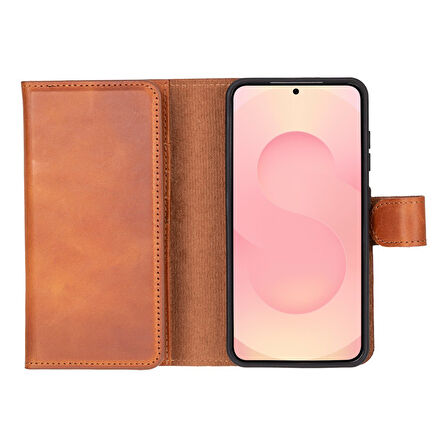 Samsung Galaxy S25 uyumlu, Hakiki Deri, El Yapımı, Cüzdanlı Kılıf, Gölgeli Kahve