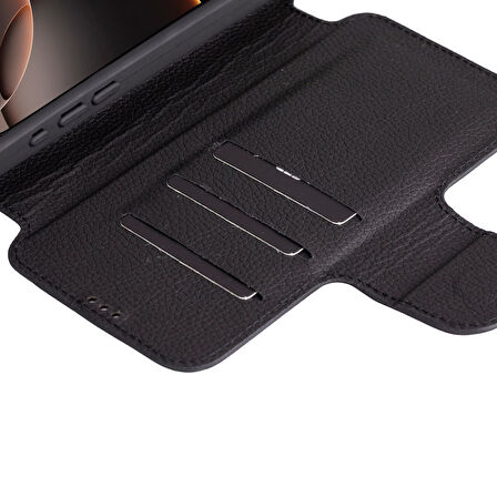 Apple iPhone 16 Pro Max uyumlu, Hakiki Deri, El Yapımı, Cüzdanlı Kılıf, Parlak Siyah